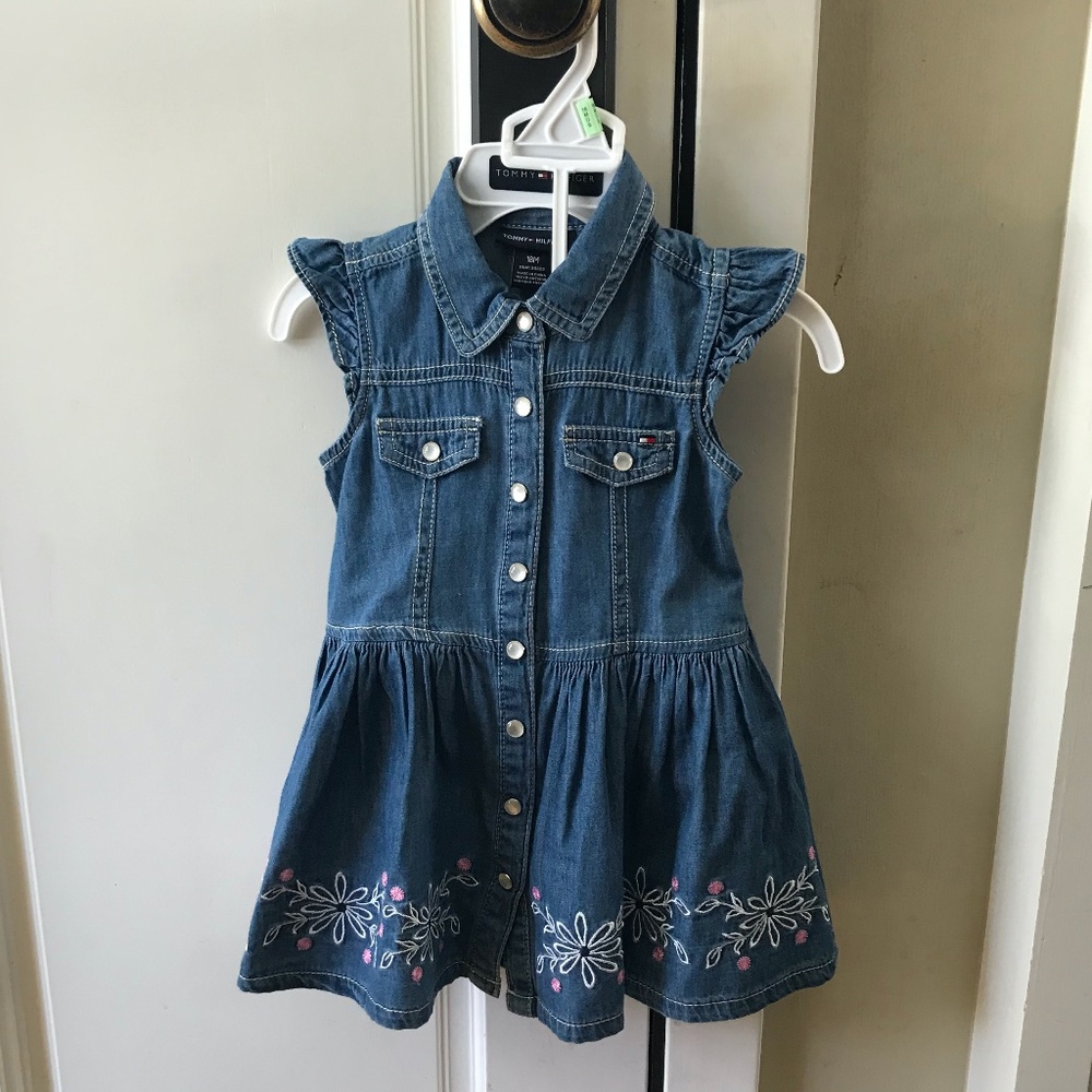 Infant Denim Dress with White & Pink Flower Design